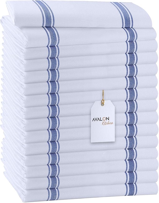 Dish Towels 15 Pack Blue Stripe 100% Cotton Kitchen Towel 15x25 Inch Tea Towels, Dish Cloths for Washing Dishes, Kitchen Rags for Drying Dishes by Avalon+Kitchen