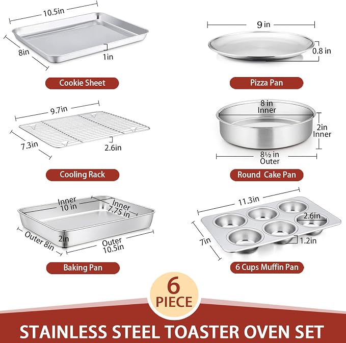 Toaster Oven Bakeware Set, E-far 6-Piece Stainless Steel Small Baking Pan Set, Include Cake Brownie Pan/Cookie Sheet with Rack/Muffin Tin/Pizza Pan, Non-Toxic & Healthy, Easy Clean & Dishwasher Safe - Image 4