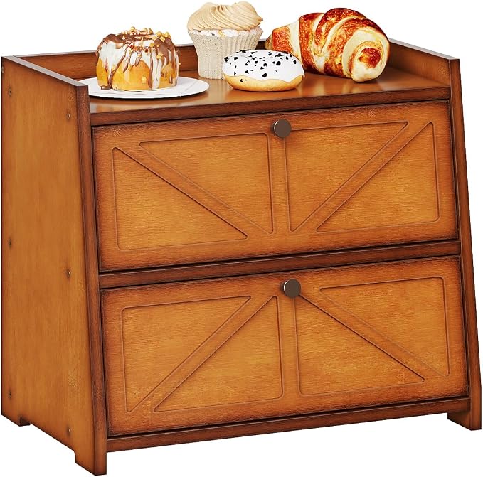Trironsun Vintage Double Layer Bread Box for Kitchen Counter Bamboo Bread Storage Container Large Capacity Bread Storage Bin by TrironsunHome
