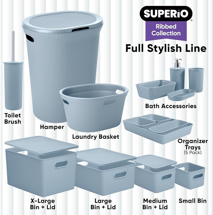 Superio Ribbed Collection - Decorative Plastic Basket Open Home Storage Bins Organizer, Blue (Set of 4) 1 Large, 1 Medium, 2 Small - Container Boxes for Organizing Closet Storage Bins for Shelves - Image 8
