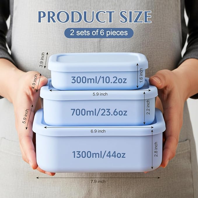 2 Sets of 6 Silicone Food Storage Containers, Reusable Lunch Bento Box with Lid, Hard Shell Storage Containers, Microwave Dishwasher Freezer Safe, 10 oz, 23.6 oz, 44 Ounce(Purple Blue) - Image 2