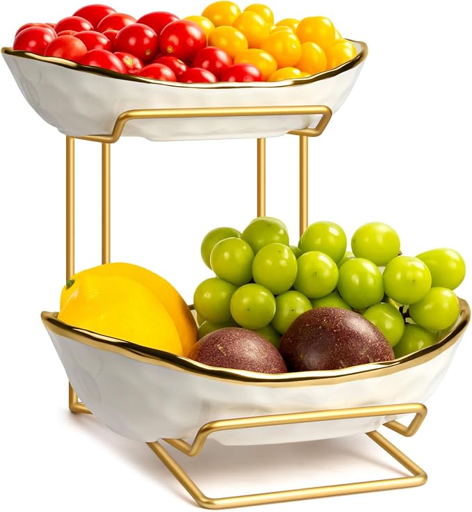Fruit Bowl for Kitchen Counter, 2 Tier Fruit Basket for Counter, Ceramic Fruit tray, Tiered Holder with Metal Stand, Modern Detachable Rack for Vegetable Snack Dessert Storage (Gold&White) by YUNLINLI