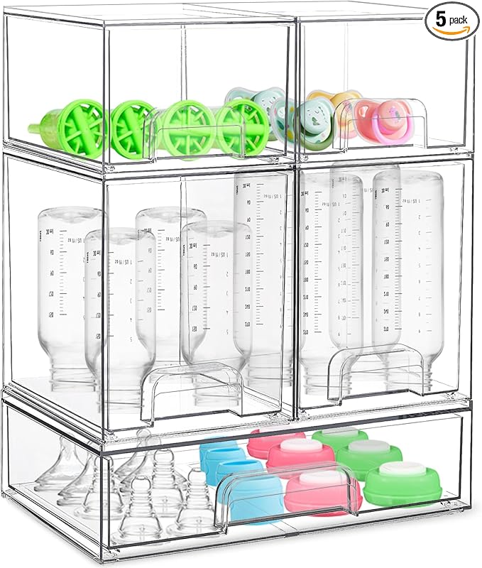 Baby Bottle Organizer for Countertop Food-grade Acrylic Storage for Cabinet | Set of 5 Clear Stackable Organizers with Drawers for Bottles, Plastic Baby Station Organization for Pacifiers, Pump Parts by Azorteja