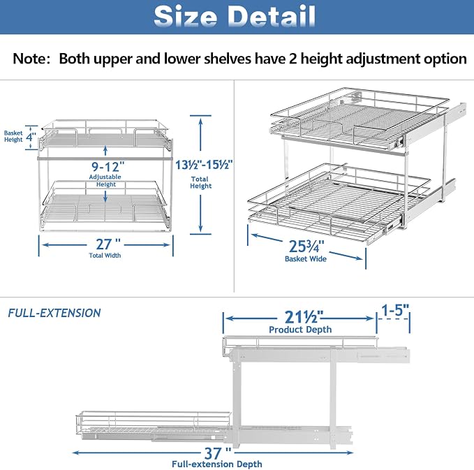 LOVMOR Individual Pull Out Cabinet Organizer, 2 Tier Slide Out Cabinet Drawers, Pots and Pans Organizer and Storage Pantry Shelf for Kitchen (27" W x 21½" D) - Image 3