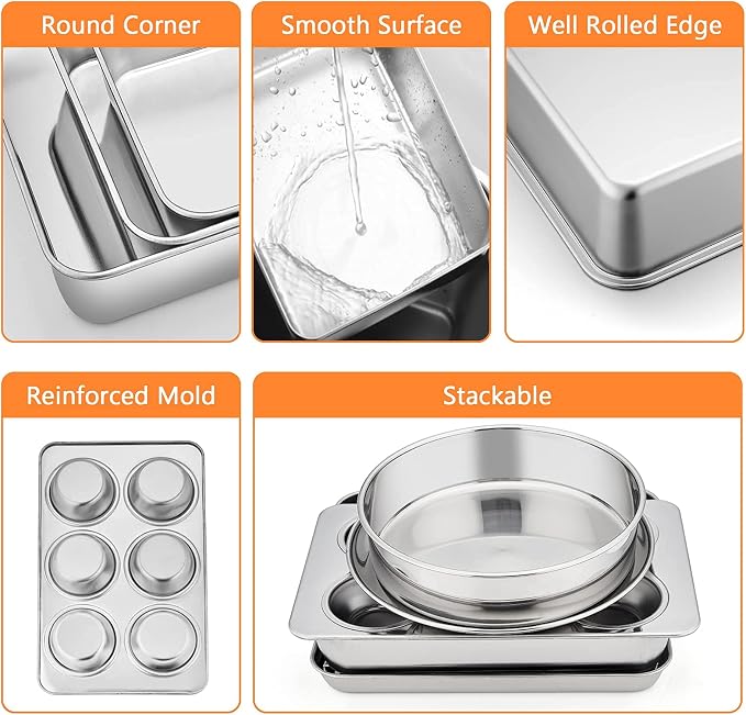 Toaster Oven Bakeware Set, E-far 8-Piece Stainless Steel Small Baking Pan Set, Include 6-Inch Cake Pan/Rectangle Baking Pan/Cookie Sheet with Rack/Muffin/Loaf/Pizza Pan, Non-Toxic & Dishwasher Safe - Image 5