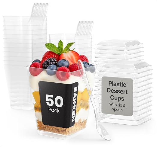 Plastic Dessert Cups with Lids and Spoons (50 Pack) – Single-Serve Parfait & Appetizer Cups, Spill-Resistant, Heavy-Duty Design, Ready-to-Use for Parties, Catering & Special Events BPA-Free by BAKK%C3%8BNMASTER