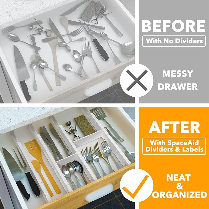 SpaceAid Bamboo Drawer Dividers with Inserts and Labels, Kitchen Adjustable Drawer Organizers, Expandable Organization for Home, Office, Dressers, 4 Dividers with 9 Inserts (17"-22" White) - Image 2