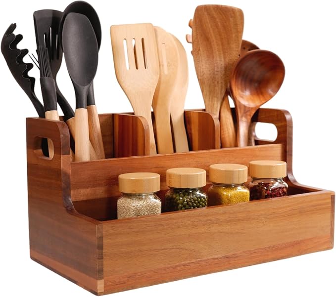 Kitchen Utensil Holder for Countertop with 4 Compartments Acacia Large Utensil Holder Wooden Storage for Cooking,Baking,Flatware Tool Kitchen Utensil Organizer. ﻿. - Image 7