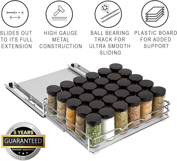 Pull-Out Cabinet Spice Rack Organizer, 12 ⅜"W x 10 ⅜"D x 2 ¾"H | Slim Slide-Out Storage for Spices, Bottles & Jars, Premium Heavy-Duty Steel, Easy Install for Narrow Kitchen Cabinets, Chrome - Image 5