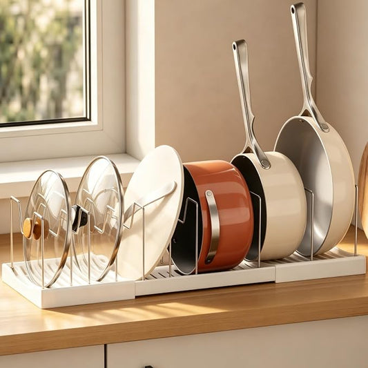 Magheo Pots and Pans Organizer Under Cabinet, Expandable 12.6"-22.8" Kitchen Cabinet Organizer Holder with 10 Adjustable Dividers for Food Storage Container Lid, Cookie Sheet, Cookware(1 Pack, White) by MAGHEO