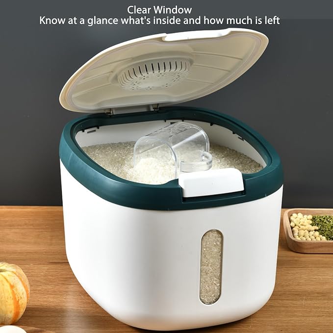 Rice Storage Container, Large Capacity Food Storage Container, Airtight Food Storage Container with Measuring Cup, Covered Rice Bucket, Cereal Dispenser Bin for Grains Nuts(M Green (10kg/22.0lb)) - Image 6