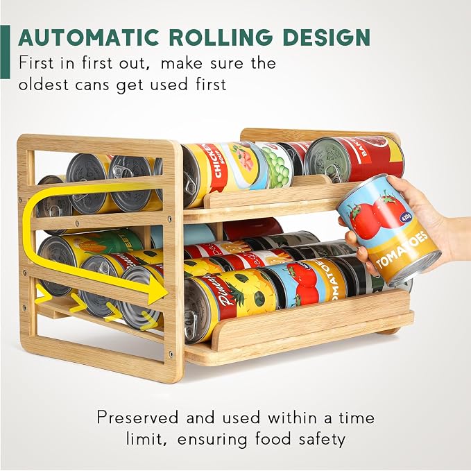 Rolling Bamboo Can Organizer Rack, Stackable Can Storage | Double-Layer Can Storage for Pantry, Canned Goods Holder Dispenser For Countertop Kitchen Cabinet or Pantry Shelf - Image 4