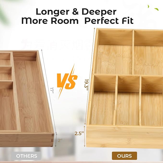 Fabsome Silverware Organizer for Kitchen Drawers, 2.5'' Deep 12.8'' Wide Bamboo Wood Flatware Tray with Deep Slots for Large Cutlery Utensil Drawer - Image 4