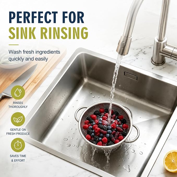 Palksky Small Colander Set of 2, 800 mL / 0.85 Qt Stainless Steel Mini Colanders with Riveted Handles, Footed Base & Micro-Perforations, Berry Wash Bowl for Berries, Fruits, Vegetables & Pasta - Image 6
