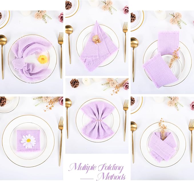 36 Pack Lavender Cloth Napkins, 12 x 12 Inch Cotton with Fringe Settings | Handmade washable reusable cotton dinner napkins in bulk for weddings, parties, rustic boho table settings - Image 3