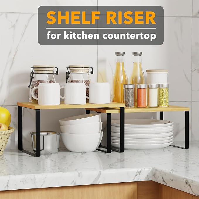 SpaceAid Cabinet Shelf Organizers 2 Pack, Kitchen Counter Rack Shelves Riser, Stackable Expandable Spice Rack, Pantry Cupboard Storage Organization (Black and Natural, Short) - Image 4