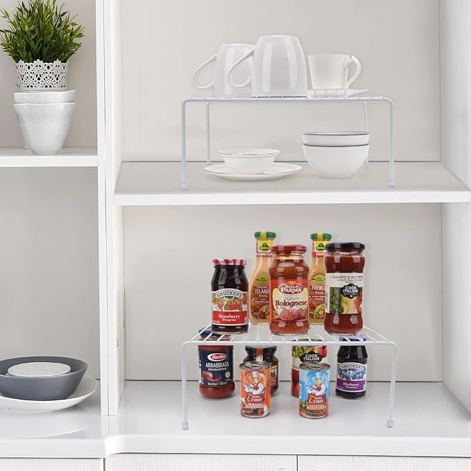 Set of 2 - Kitchen Storage Shelf Rack (13.1 x 10.2 Inch)/Plastic Feet - Medium - Steel Metal - Rust Resistant Finish - Cups, Dishes, Cabinet & Pantry Organization - Kitchen (White) - Image 3