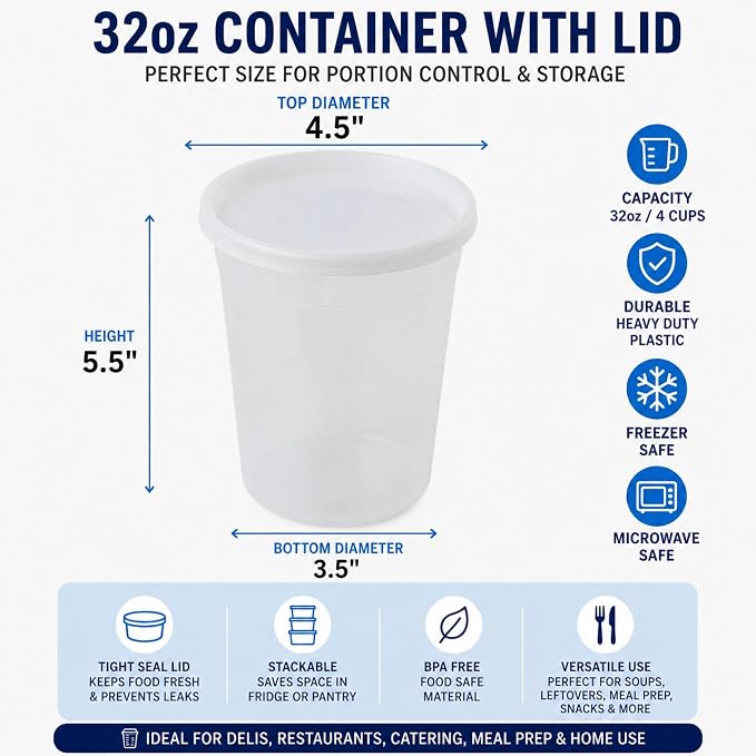 32 Oz Deli Containers with Airtight Lids | Heavy Duty BPA Free Food Storage Cups for Soup Meal Prep Slime Leftovers | Microwave Freezer Safe Reusable Round Containers | 96 Pack - Image 2