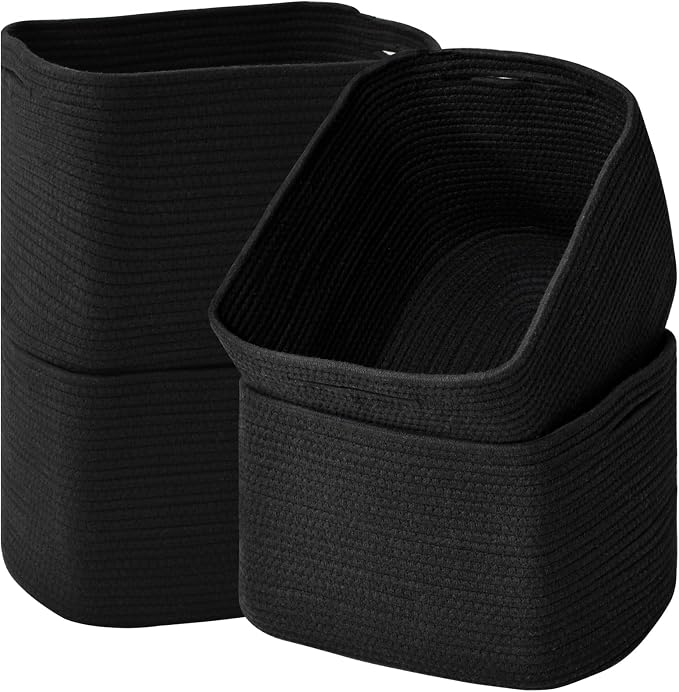 ICERZCZ Storage Baskets for Organizing & Shelves, Woven Cotton Rope Organization Bins for Dog Toys, Clothes, Books, Nursery Organizer, 15"Lx11''Wx9.5''H, (4 Packs) Black by ICERZCZ