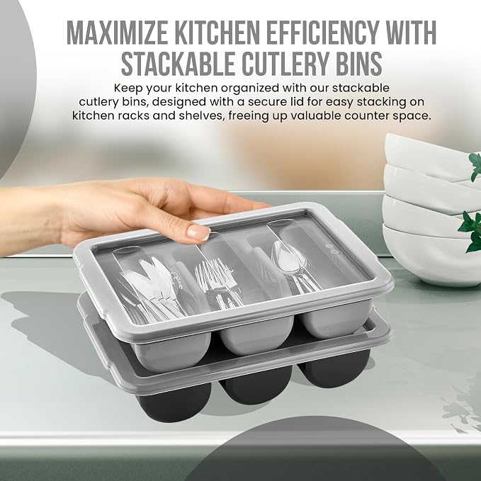 2 Pack - Cutlery Bin with Lid, Commercial 3-Compartment Flatware Tray with Cover, Silverware Divided Storage Plastic Container, Restaurant Condiments Holder, Covered Utensil Organizer Box, Black - Image 3