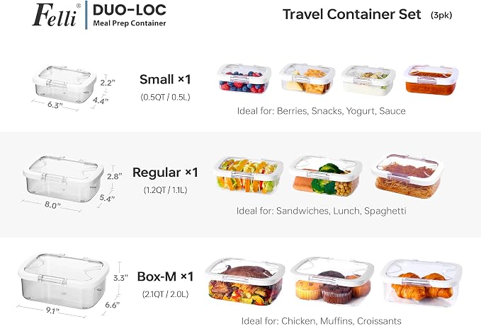 Felli Duo Loc Tritan Meal Prep Containers Microwave Safe BPA FREE, Leak Proof Lunchable Container for Leftovers Kitchen Fridge Freezer, Reusable Plastic On the Go Lunch Travel Box (Beginner 3pk) - Image 3
