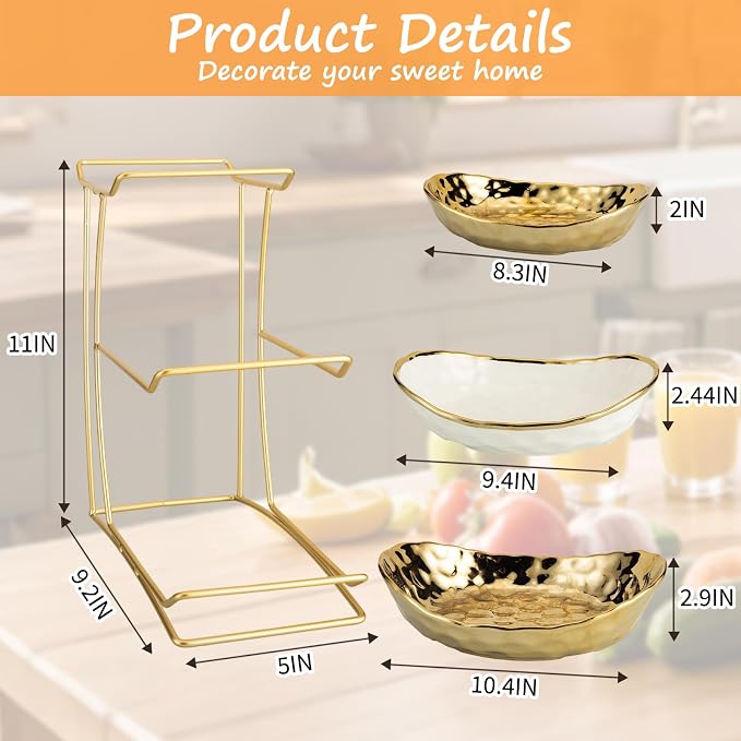 3 Tier Ceramic Fruit Bowl for Kitchen Counter with Metal Rack, Fruit Basket with Stand, Porcelain Bowls for Vegetable Bread Candy Snack Nuts Dessert Cake Tray (Gold 3 Layer) - Image 2