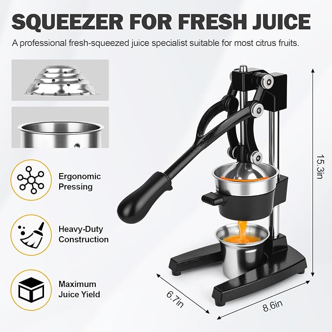Lemon Squeezer Manual Citrus Juicer Press, Heavy Duty Cast Iron Orange Juicer with Stainless Steel Cone, Commercial Lever Juice Press for Lemon, Lime & Citrus Fruits, Easy to Clean - Image 5