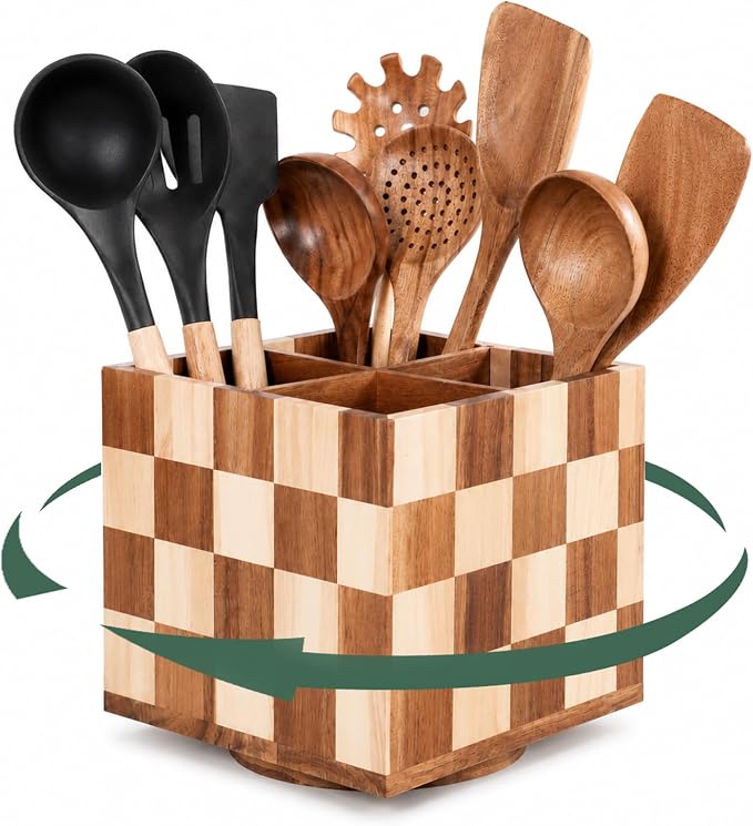 Rotating Square Wooden Utensil Holder – 7.3” Square Acacia Wood Kitchen Utensil Organizer with Checkered Design, Large Countertop Crock for Spatulas, Spoons & Cooking Tools, Farmhouse Kitchen Decor by Brightdeer
