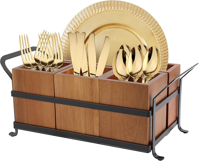 Silverware Caddy Acacia Wood Silverware holder for Party Utensil Caddy with Metal Handle Paper Plate Organizer Cutlery Holder Flatware Organizer for Spoons Forks Napkins by Unknown