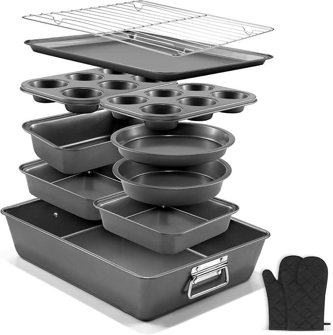12PCS Nonstick Bakeware Set, Non-Toxic Carbon Steel Baking Pans Set with Wider Grip, Includes Roasting Pan, Cookie Sheet, Cake Pans, Muffin Pans, Cooling Rack, Oven Mitts, Easy Release by Gymdin