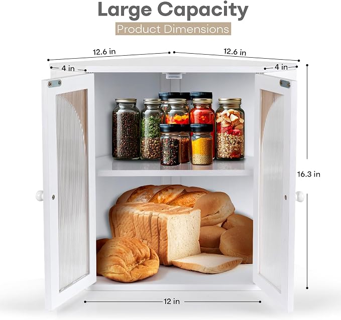 Corner Bread Box for Kitchen Countertop,Double Layer Bread Holder | 3 Adjustable Height, Large Capacity, Magnetic Acrylic Door, Bamboo Bread Storage Container for Homemade Bread, White - Image 2