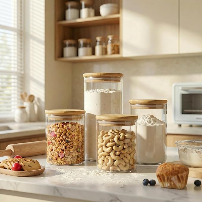 HomArtist Large Glass Flour and Sugar Containers 180oz x2 & 93oz x2 [Set of 4], Glass Food Storage Containers with Bamboo Lids, Glass Jar with Airtight Lid for Spaghetti Pasta,Rice,Cereal,Coffee, Oat - Image 6