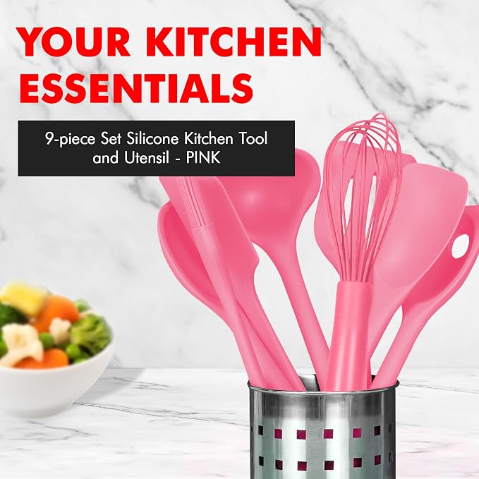 Chef Craft - Premium Silicone Kitchen Tools and Utensils Set, Non-Scratch, Withstands Temperatures up to 450°F, BPA-Free, 9 Piece Cooking Utensils Set, Pink - Image 2