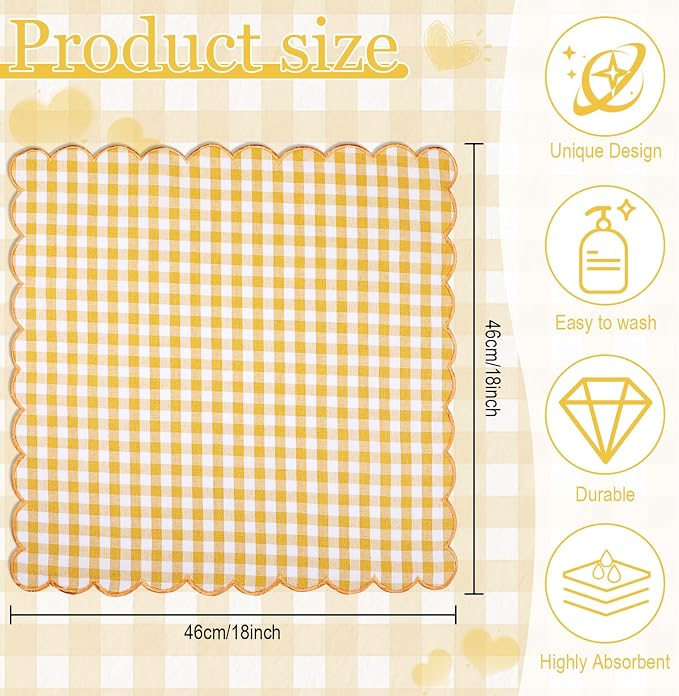 SmoothNovelty 12 Pack Buffalo Plaid Cloth Napkins 18x18 Inch Checkered Cloth Napkins Scalloped Soft Cotton Table Mat Washable Reusable for Dinner Wedding Holiday Birthday Parties (Classic,Yellow) - Image 2