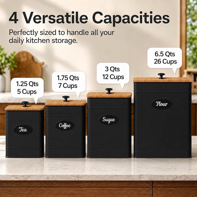 Kitchen Canisters Sets of 4 - Metal Flour Sugar Storage Containers Set for Countertop with Airtight Lids, Coffee Tea Black Canister Set with Customizable Chalkboard Labels & Marker Pen - Image 2