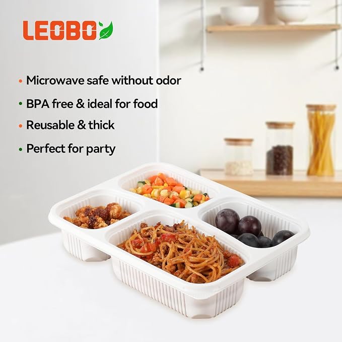 40 Pack 34oz 4-Compartment Bento Box - Shrink Wrapped No Pre-Wash | BPA Free Leak-Resistant Takeout Containers | Microwave Safe | Shatterproof Flexible PP To Go Box, Bulk Leftover Storage - Image 4