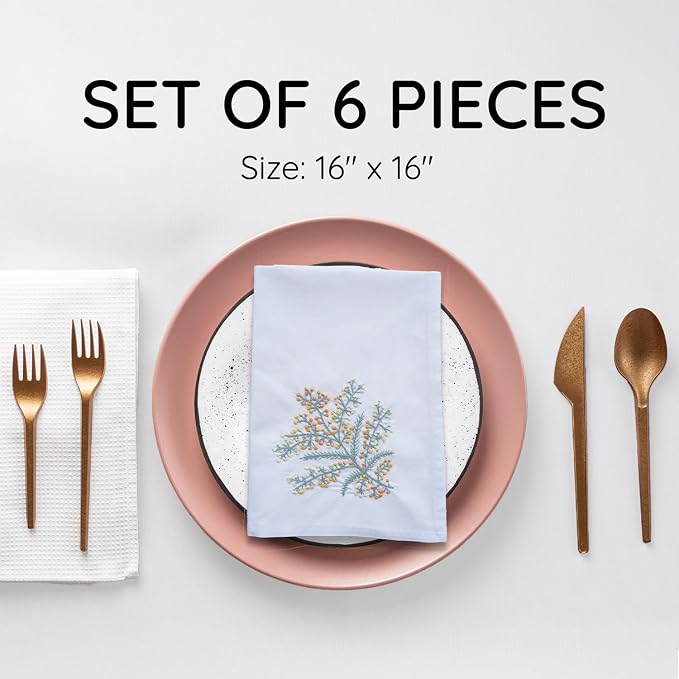 Cloth Tea Napkins Set of 6, Embroidered Cotton Napkins with French Knot Design, Reusable Table Napkins for Dinner, Tea Time, Coffee, Cocktail Settings, 16x16 Inches (Colorful White) - Image 2