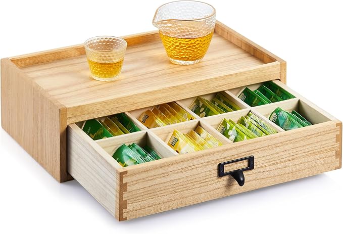 KIRIGEN Paulownia Wood Tea Storage Box, 8 Compartments, Natural CYG-NA | 8-Section Desk Cabinet Organizer with Metal Handle Stores Tea Bags, Sachets, Coffee Packets, Sugar, and Small Tea Accessories by KIRIGEN