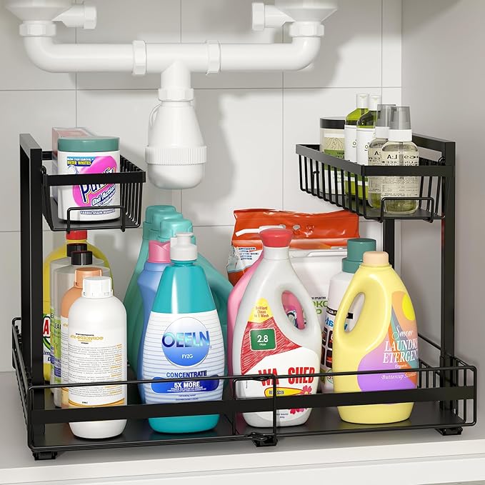 NADAMOO Expandable Under Sink Organizer, 2-Tier Pull Out Cabinet Organizer | Expandable Width, 3-Level Height Adjustment, Metal Storage Rack with 3 Slide Rails for Kitchen Bathroom Laundry, Black by NADAMOO