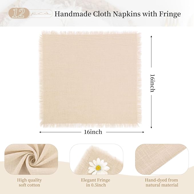 12 Pack Beige Cotton Linen Napkins 16 x 16 Inch Beige Napkins Cloth Handmade with Fringe Soft Cloth Napkins Washable Rustic Dinner Napkins Cloth for Wedding Party Dinner Table - Image 2