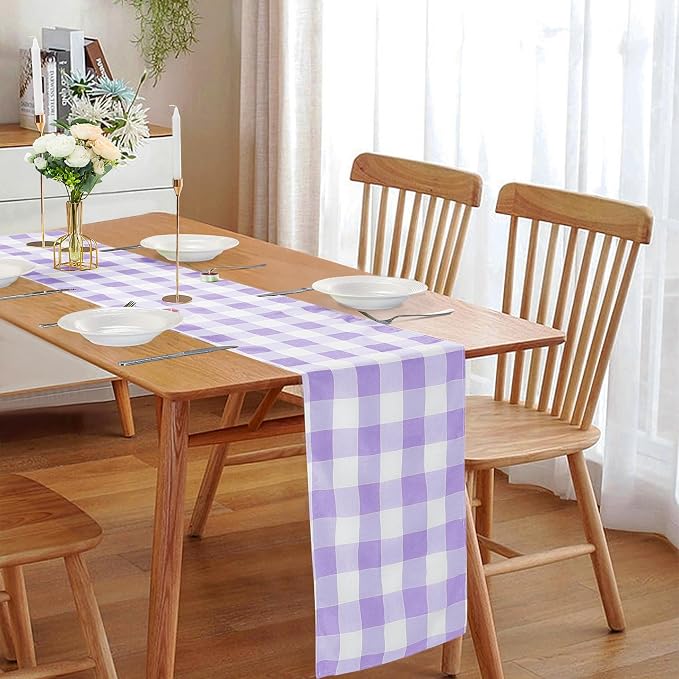 Cupuamon Fabric Checkered Table Runner 6 Pack Waterproof Gingham Table Runner 14W x 108L Buffalo Check Table Runners for Parties Kitchen Dining Wedding Banquet (Lavender and White) - Image 6