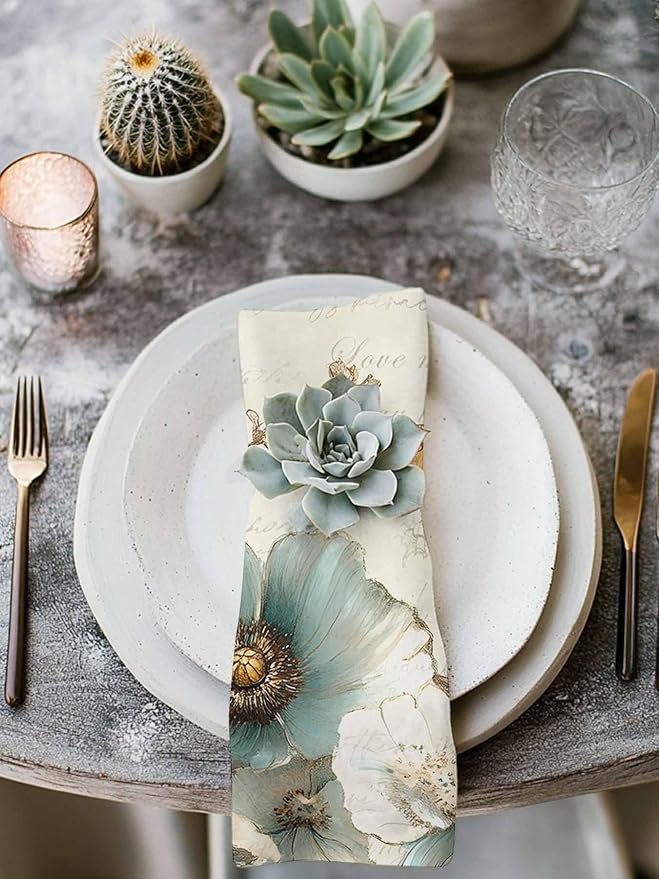 Turquoise Flowers Cloth Napkins Washable Set of 6, 20 x 20 Inch Reusable Rustic Spring Botanical Floral Butterfly Dinner Table Napkins Cloth Bulk for Weddings Kitchen Restaurants Hotel Events Parties - Image 3