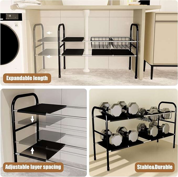 HCSH&WILL 2 Pack Under Sink Organizer, 2 Tier Expandable Black Under Cabinet Storage Shelf with 6 Removable Panels and 2 Baskets, Expandable Shelf for Cupboard, Kitchen, Bathroom, Shoe Rack - Image 4