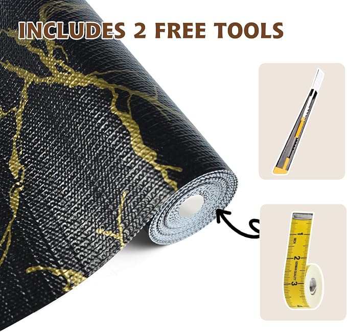 2-Layer Drawer and Shelf Liner for Kitchen Cabinet: 17in X 30Ft Non Slip | Waterproof Shelf Paper Non Adhesive Refrigerator Liners Black/Gold Marble Easy Liners for Bathroom with Knife Tape Measure - Image 6