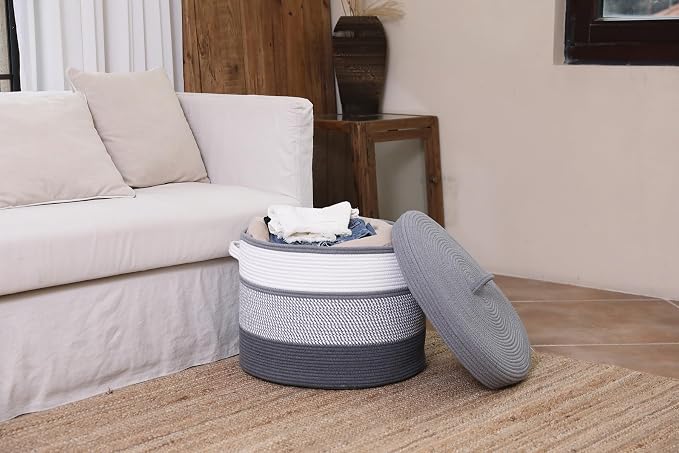 20x15 Inch Extra Large Round Cotton Rope Storage Basket with Lid, Decorative Woven Bin with Cover for Living Room Bedroom Closet, Grey Mix & Dark Grey - Image 5