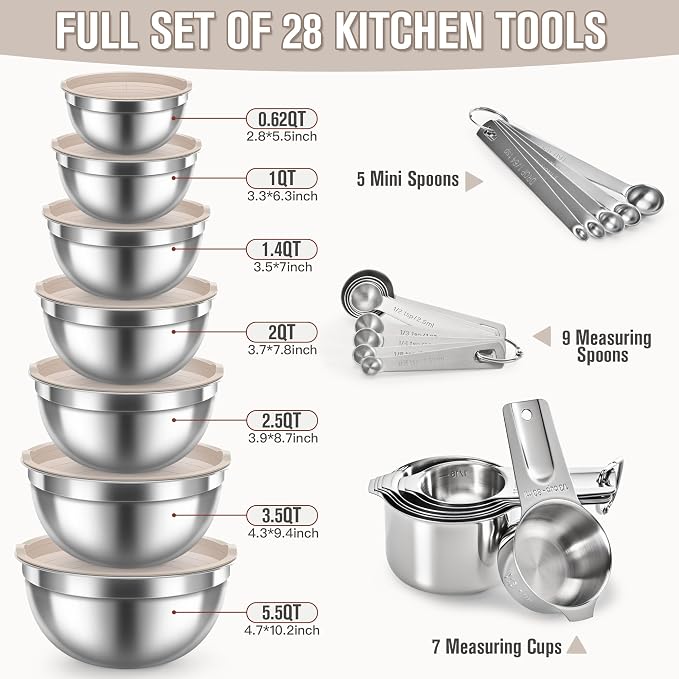 28PCS Mixing Bowls with Airtight Lids Set, Stainless Steel Nesting Prep Bowls with 7 Measuring Cups & 14 Measuring Spoons for Cooking, Baking, Serving, Food Storage, Size 5.5/3.5/2.5/2/1.4/1/0.62QT - Image 7