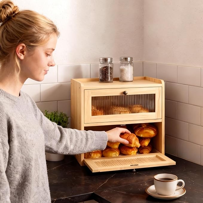 Alpeir Wooden Bread Box for Kitchen Countertop, Large Double Layer, Nature | Food-Safe Pine Wood, Double-Row Ventilation, Strong Acrylic Window, Raised Top Shelf, Easy Care, Farmhouse Corner Container - Image 2
