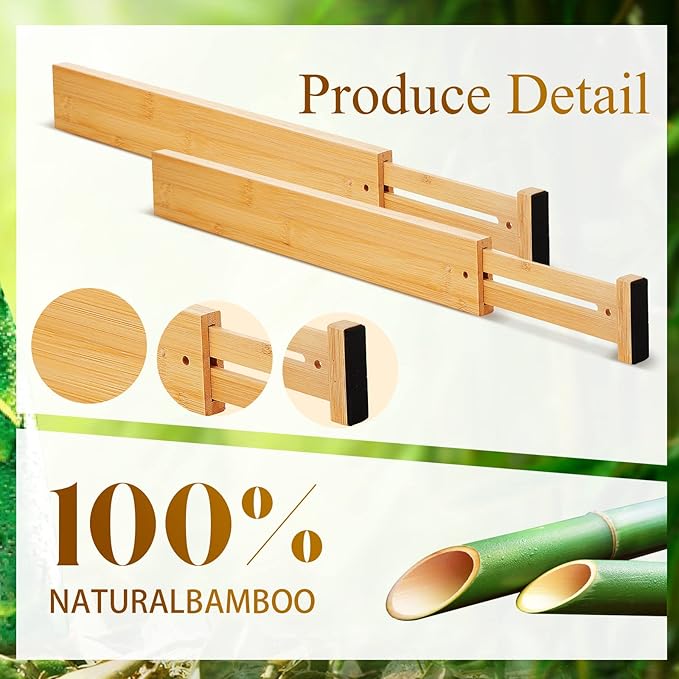 Sawysine 12 Pcs Bamboo Drawer Dividers Adjustable Drawer Organizers Spring Separators Organization Expandable Organizers for Kitchen Bedroom Bathroom Dresser Office (Natural Color,22 x 2.4 Inche) - Image 3