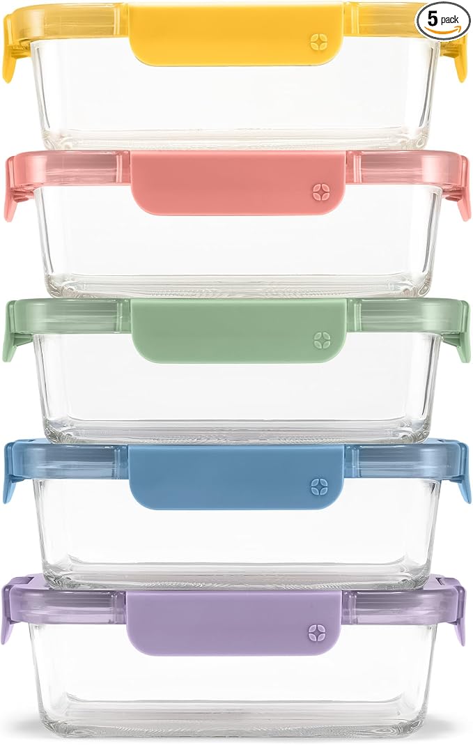 Ello Color Lock Glass Meal Prep Sets Leak-Proof Glass Food Storage Containers with Airtight BPA-Free Plastic Lids, Dishwasher, Microwave, and Freezer Safe by Ello