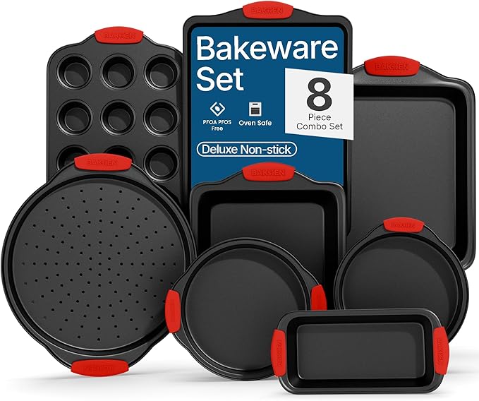 Baking Set – 8 Piece Kitchen Oven Bakeware Set – Deluxe Non-Stick Black Coating Inside and Outside – Carbon Steel – Red Silicone Handles – PFOA PFOS and PTFE Free by Bakken by BAKK%C3%8BNMASTER